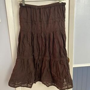 Small Claudia Richard Brown Embroidered Tiered Ruffle Boho Midi Skirt